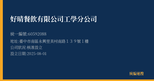 好晴餐飲有限公司工學分公司的照片-統編 60592088(臺中市) 公司登記資料與營業項目詳細圖表