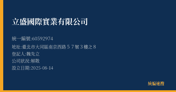 立盛國際實業有限公司的照片-統編 60592974(臺北市) 公司登記資料與營業項目詳細圖表