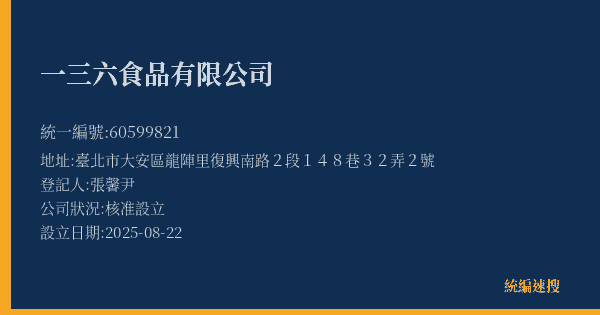 一三六食品有限公司的照片-統編 60599821(臺北市) 公司登記資料與營業項目詳細圖表