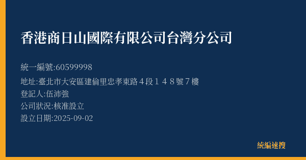 香港商日山國際有限公司台灣分公司的照片-統編 60599998(臺北市) 公司登記資料與營業項目詳細圖表