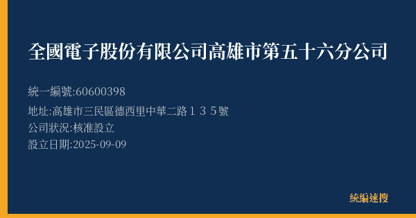全國電子股份有限公司高雄市第五十六分公司的照片-統編 60600398(高雄市) 公司登記資料與營業項目詳細圖表