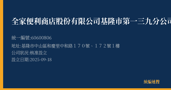 全家便利商店股份有限公司基隆市第一三九分公司的照片-統編 60600806(基隆市) 公司登記資料與營業項目詳細圖表