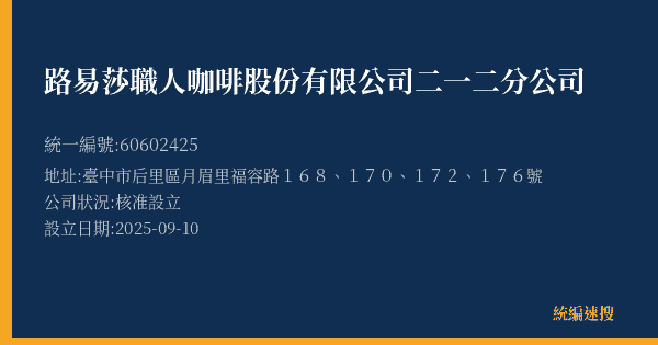 路易莎職人咖啡股份有限公司二一二分公司的照片-統編 60602425(臺中市) 公司登記資料與營業項目詳細圖表