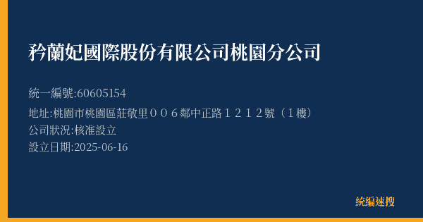 矜蘭妃國際股份有限公司桃園分公司的照片-統編 60605154(桃園市) 公司登記資料與營業項目詳細圖表