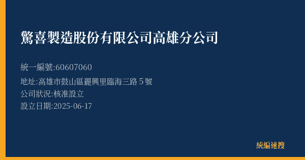 驚喜製造股份有限公司高雄分公司的照片-統編 60607060(高雄市) 公司登記資料與營業項目詳細圖表