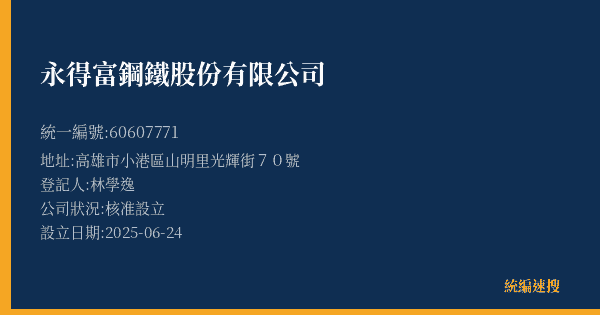 永得富鋼鐵股份有限公司的照片-統編 60607771(高雄市) 公司登記資料與營業項目詳細圖表
