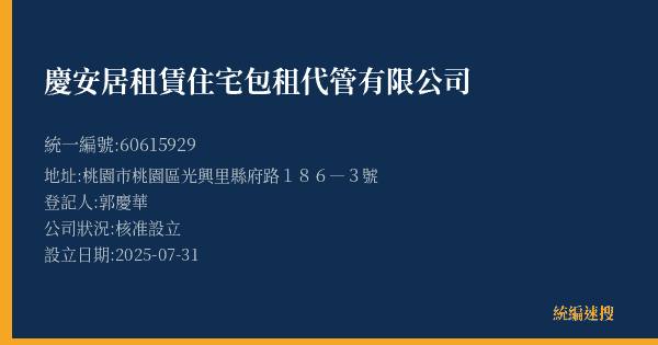 慶安居租賃住宅包租代管有限公司的照片-統編 60615929(桃園市) 公司登記資料與營業項目詳細圖表