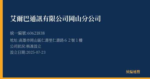 艾爾巴通訊有限公司岡山分公司的照片-統編 60621838(高雄市) 公司登記資料與營業項目詳細圖表