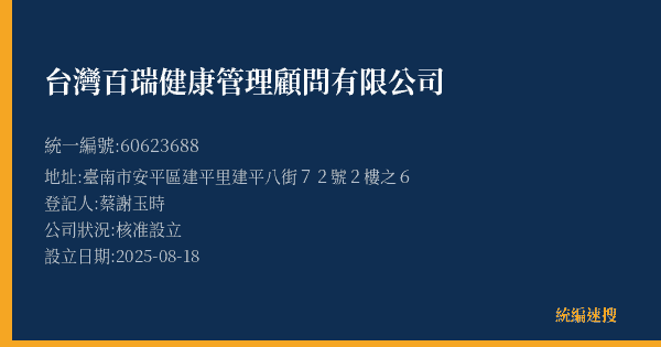 台灣百瑞健康管理顧問有限公司的照片-統編 60623688(臺南市) 公司登記資料與營業項目詳細圖表