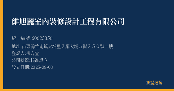 維旭麗室內裝修設計工程有限公司的照片-統編 60625356(苗栗縣) 公司登記資料與營業項目詳細圖表