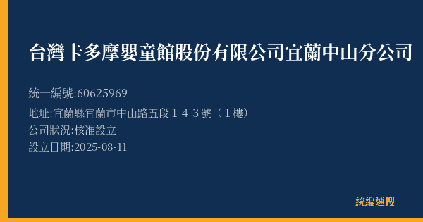 台灣卡多摩嬰童館股份有限公司宜蘭中山分公司的照片-統編 60625969(宜蘭縣) 公司登記資料與營業項目詳細圖表