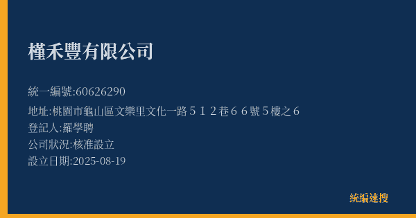 槿禾豐有限公司的照片-統編 60626290(桃園市) 公司登記資料與營業項目詳細圖表