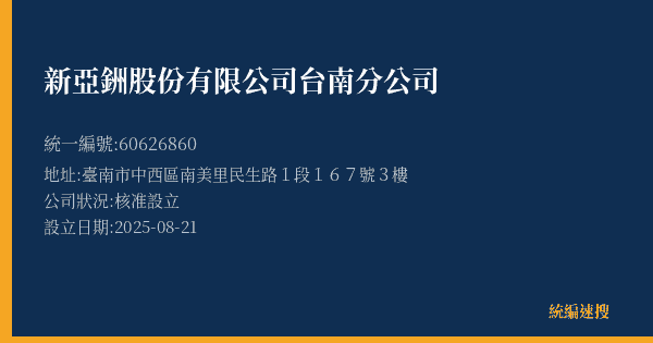 新亞銂股份有限公司台南分公司的照片-統編 60626860(臺南市) 公司登記資料與營業項目詳細圖表