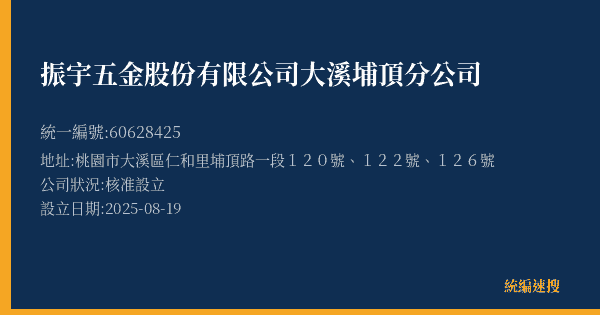 振宇五金股份有限公司大溪埔頂分公司的照片-統編 60628425(桃園市) 公司登記資料與營業項目詳細圖表