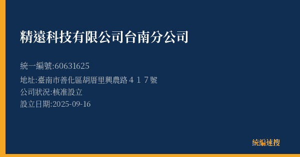 精遠科技有限公司台南分公司的照片-統編 60631625(臺南市) 公司登記資料與營業項目詳細圖表