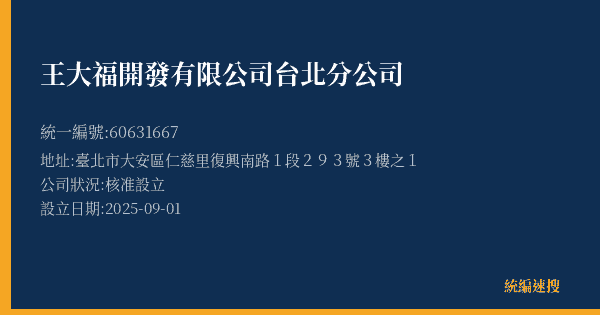 王大福開發有限公司台北分公司的照片-統編 60631667(臺北市) 公司登記資料與營業項目詳細圖表