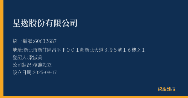 呈逸股份有限公司的照片-統編 60632687(新北市) 公司登記資料與營業項目詳細圖表
