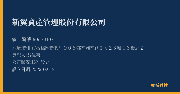 新翼資產管理股份有限公司的照片-統編 60633102(新北市) 公司登記資料與營業項目詳細圖表