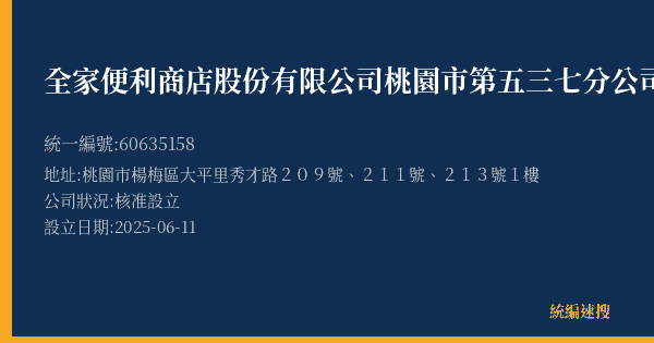 全家便利商店股份有限公司桃園市第五三七分公司的照片-統編 60635158(桃園市) 公司登記資料與營業項目詳細圖表