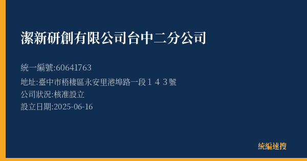 潔新研創有限公司台中二分公司的照片-統編 60641763(臺中市) 公司登記資料與營業項目詳細圖表