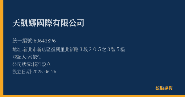 天凱娜國際有限公司的照片-統編 60643896(新北市) 公司登記資料與營業項目詳細圖表