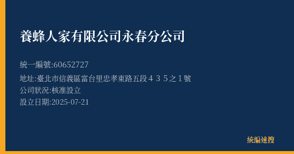 養蜂人家有限公司永春分公司的照片-統編 60652727(臺北市) 公司登記資料與營業項目詳細圖表