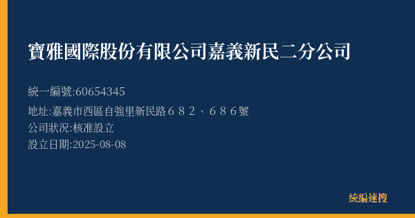 寶雅國際股份有限公司嘉義新民二分公司的照片-統編 60654345(嘉義市) 公司登記資料與營業項目詳細圖表
