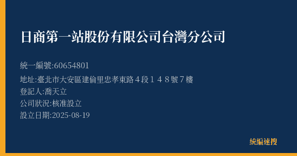 日商第一站股份有限公司台灣分公司的照片-統編 60654801(臺北市) 公司登記資料與營業項目詳細圖表