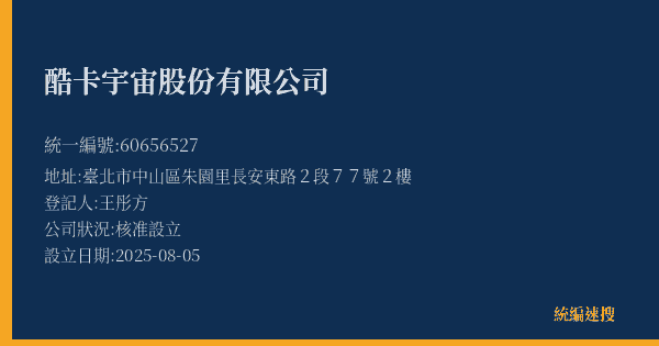 酷卡宇宙股份有限公司的照片-統編 60656527(臺北市) 公司登記資料與營業項目詳細圖表