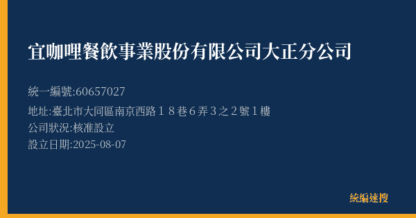 宜咖哩餐飲事業股份有限公司大正分公司的照片-統編 60657027(臺北市) 公司登記資料與營業項目詳細圖表