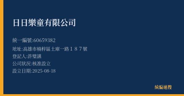 日日樂童有限公司的照片-統編 60659382(高雄市) 公司登記資料與營業項目詳細圖表
