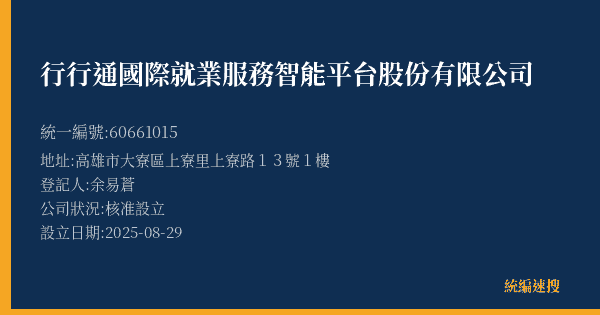 行行通國際就業服務智能平台股份有限公司的照片-統編 60661015(高雄市) 公司登記資料與營業項目詳細圖表