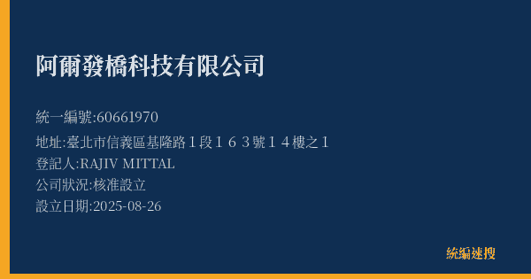 阿爾發橋科技有限公司的照片-統編 60661970(臺北市) 公司登記資料與營業項目詳細圖表