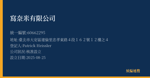 寫奈米有限公司的照片-統編 60662295(臺北市) 公司登記資料與營業項目詳細圖表