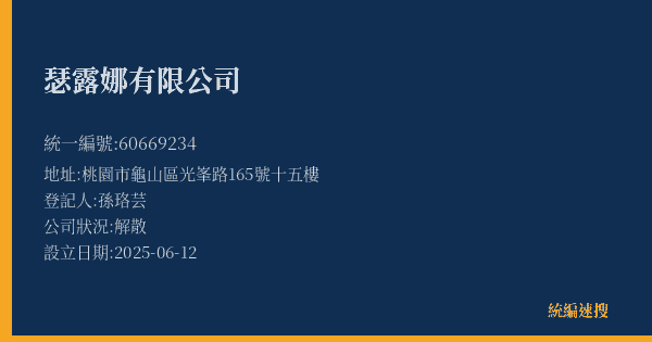 瑟露娜有限公司的照片-統編 60669234(桃園市) 公司登記資料與營業項目詳細圖表