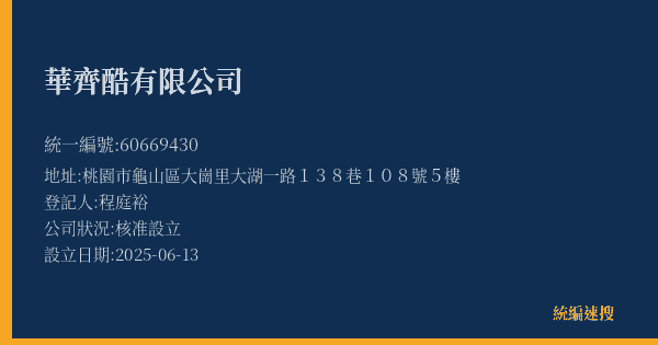 華齊酷有限公司的照片-統編 60669430(桃園市) 公司登記資料與營業項目詳細圖表