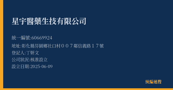 星宇醫藥生技有限公司的照片-統編 60669924(彰化縣) 公司登記資料與營業項目詳細圖表