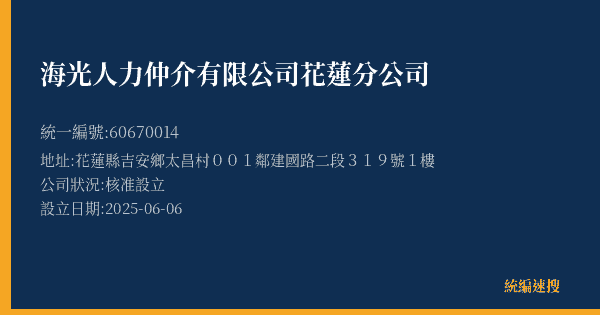 海光人力仲介有限公司花蓮分公司的照片-統編 60670014(花蓮縣) 公司登記資料與營業項目詳細圖表