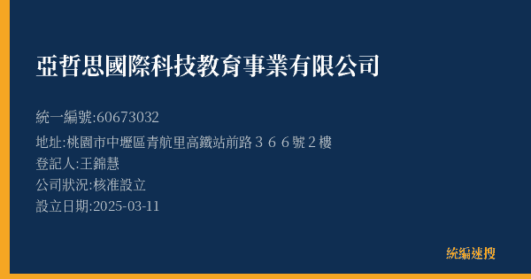亞哲思國際科技教育事業有限公司的照片-統編 60673032(桃園市) 公司登記資料與營業項目詳細圖表