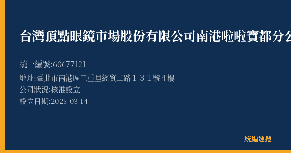 台灣頂點眼鏡市場股份有限公司南港啦啦寶都分公司的照片-統編 60677121(臺北市) 公司登記資料與營業項目詳細圖表