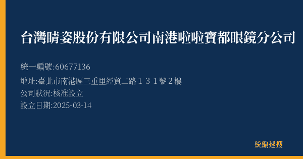 台灣睛姿股份有限公司南港啦啦寶都眼鏡分公司的照片-統編 60677136(臺北市) 公司登記資料與營業項目詳細圖表