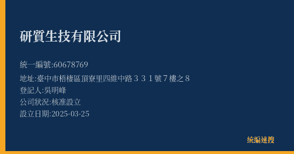 研質生技有限公司的照片-統編 60678769(臺中市) 公司登記資料與營業項目詳細圖表