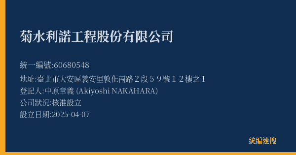 菊水利諾工程股份有限公司的照片-統編 60680548(臺北市) 公司登記資料與營業項目詳細圖表