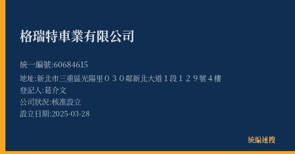 格瑞特車業有限公司的照片-統編 60684615(新北市) 公司登記資料與營業項目詳細圖表
