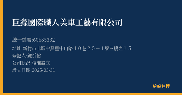 巨鑫國際職人美車工藝有限公司的照片-統編 60685332(新竹市) 公司登記資料與營業項目詳細圖表