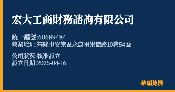 宏大工商財務諮詢有限公司的照片-統編 60689484 公司登記資料與營業項目詳細圖表