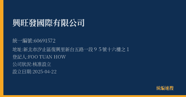 興旺發國際有限公司的照片-統編 60691572(新北市) 公司登記資料與營業項目詳細圖表