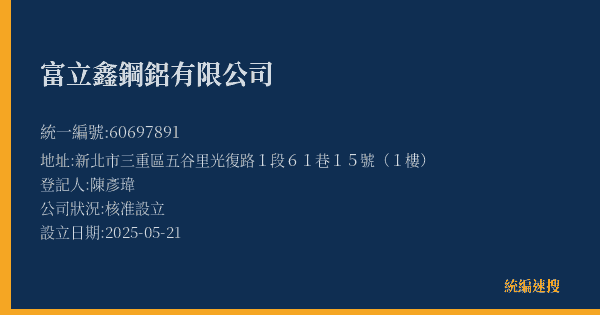 富立鑫鋼鋁有限公司的照片-統編 60697891(新北市) 公司登記資料與營業項目詳細圖表