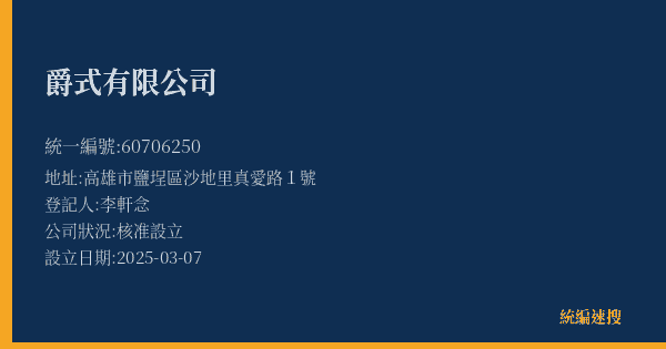 爵式有限公司的照片-統編 60706250(高雄市) 公司登記資料與營業項目詳細圖表