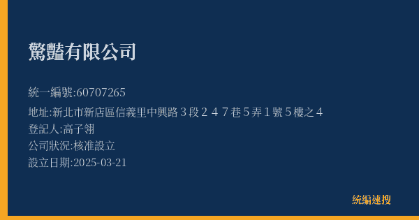 驚豔有限公司的照片-統編 60707265(新北市) 公司登記資料與營業項目詳細圖表